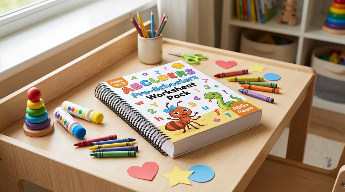Printed worksheets on a toddler's desk with crayons and craft supplies