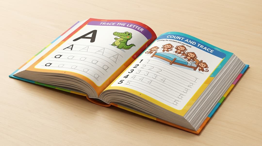 Open worksheet showing letter tracing and counting activities