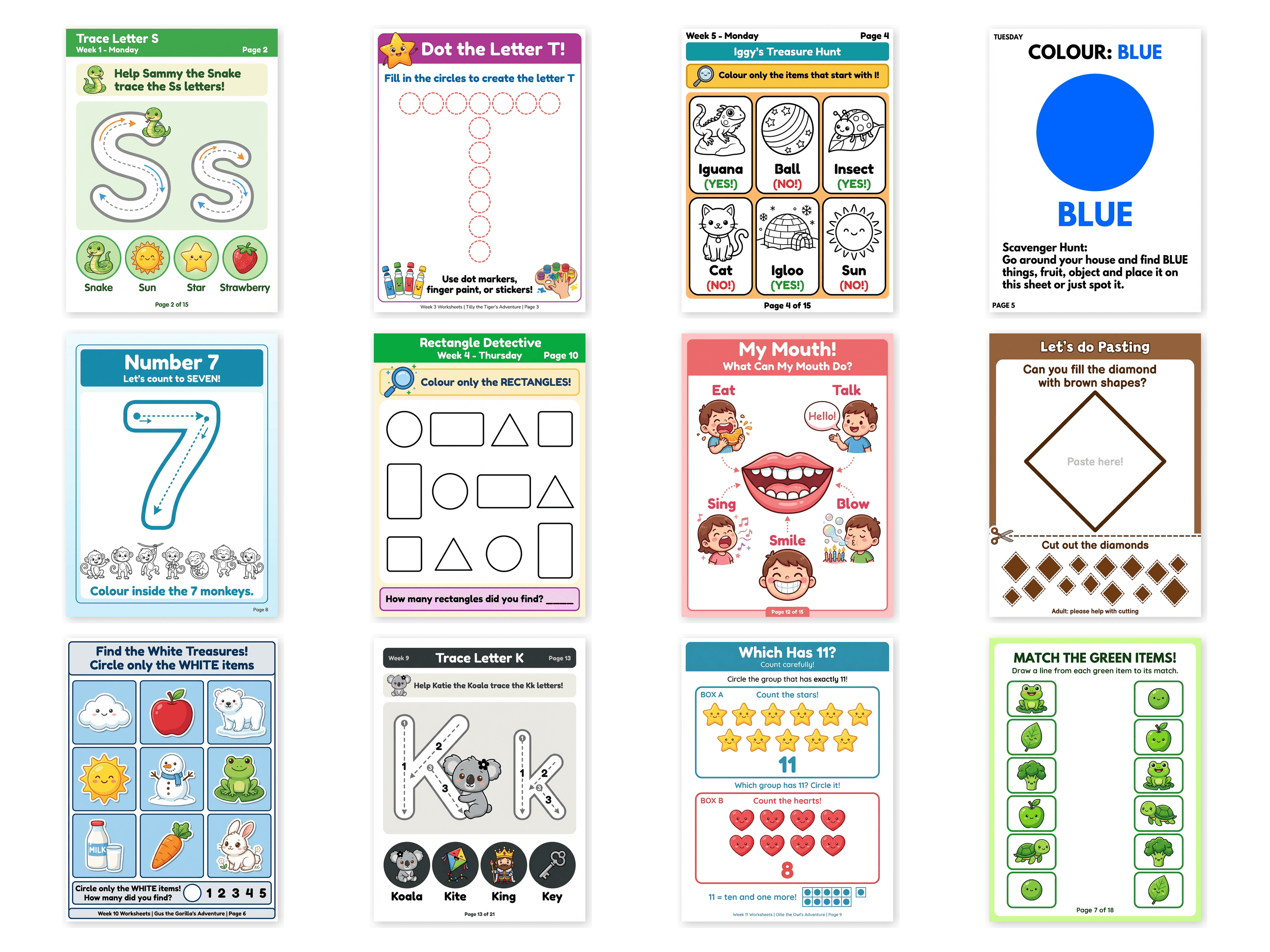 Variety of worksheet activities across all 20 weeks