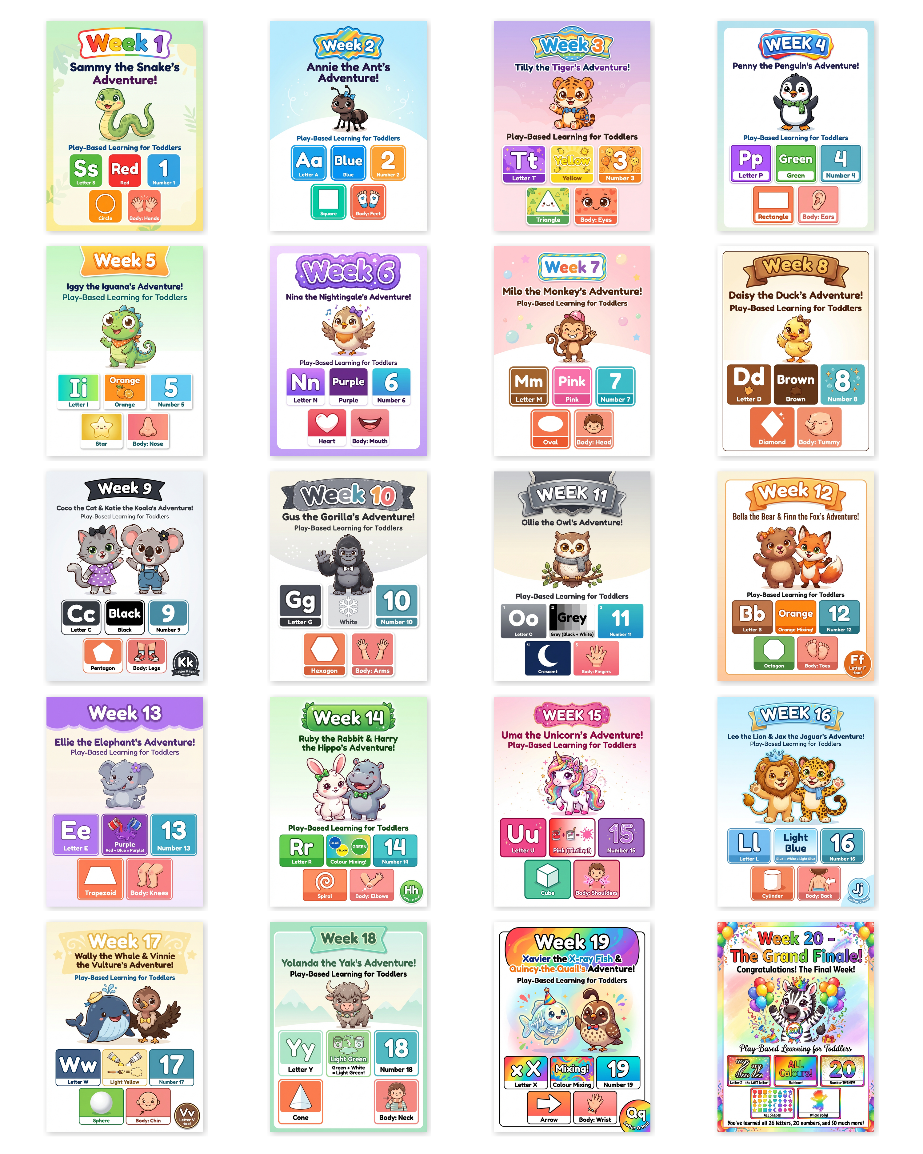 All 20 weekly covers showing the complete learning journey